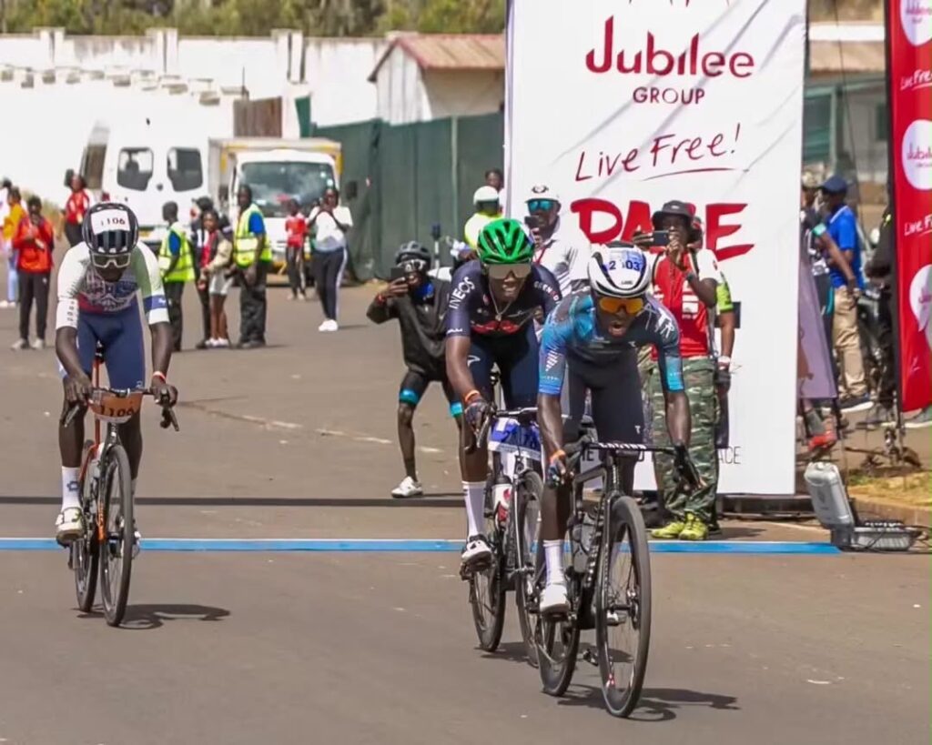 Jordan Schleck Ssekanwagi crosses the finish line to win the Jubilee Live Free Race men’s main race in Nairobi.