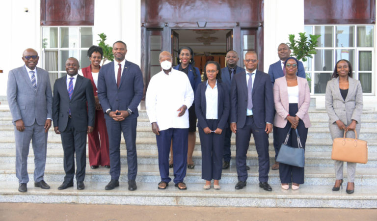 President Museveni with CAF Secretary General Samson Adamu and Uganda’s AFCON 2027 organising officials at State House Entebbe
