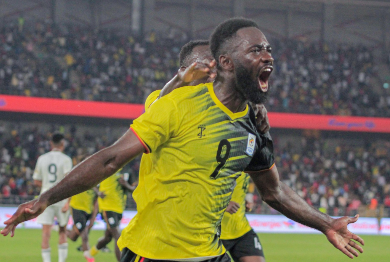 Arnold Vula celebrates after scoring for Uganda Cranes against Libya at Hoima City Stadium.