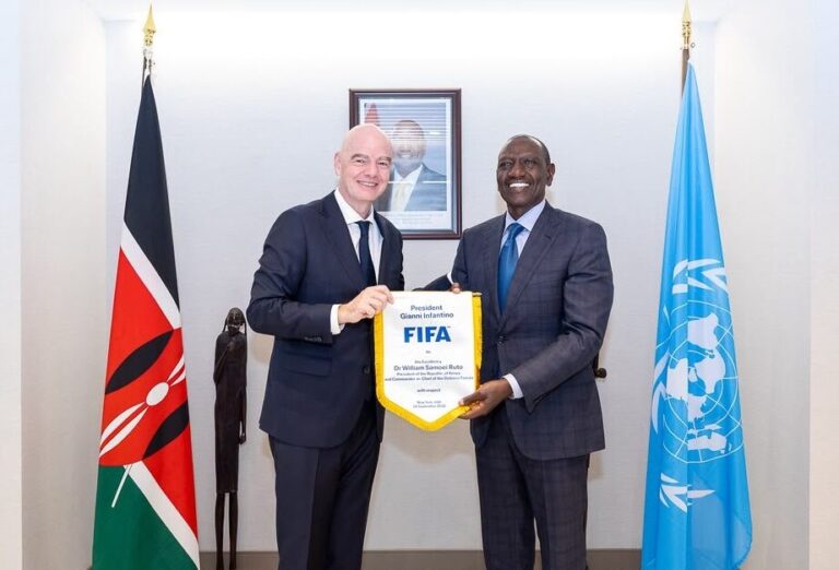President William Ruto and FIFA president Gianni Infantino during discussions on Kenya football infrastructure and a possible FIFA-standard stadium in Mombasa.
