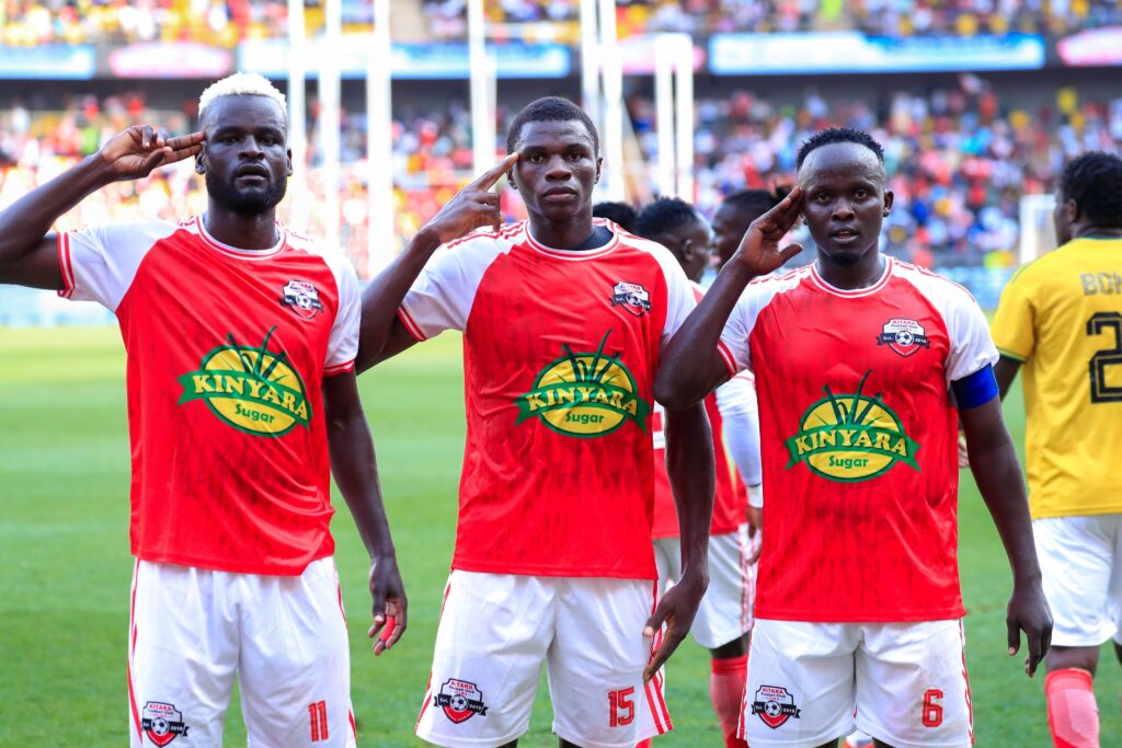 Kitara FC players celebrate against Mogadishu City in CAF Confederation Cup at Hoima City Stadium