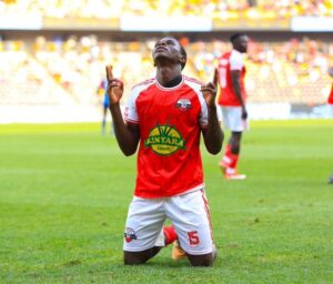 Jimmy Kalema celebrates after scoring for Kitara against Mogadishu City in the CAF Confederation Cup at Hoima City Stadium.