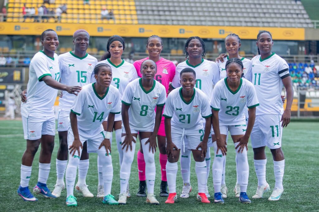 Zambia Copper Queens players pose before their 2-1 defeat to Uganda's Crested Cranes in the LA 2028 Olympic Games qualifiers at Hamz Stadium, Nakivubo.