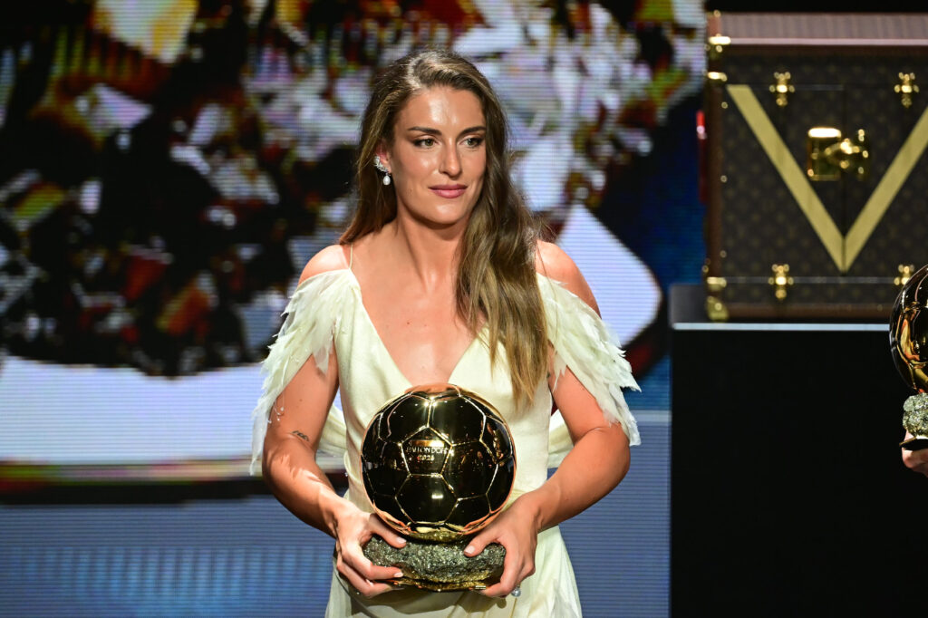Alexia Putellas at the podium with her Women’s Ballon d’Or trophy during the 2026 ceremony.