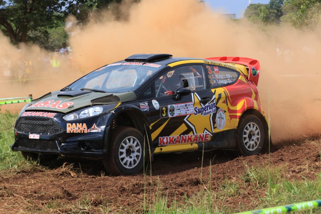 Duncan Mubiru competes in a Ford Fiesta during Uganda's National Rally Championship
