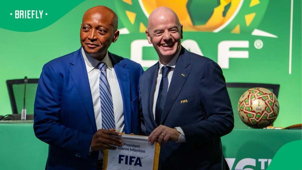 FIFA president Gianni Infantino and CAF president Patrice Motsepe pose together as Africa's 54 football associations back Infantino ahead of the 2027 FIFA presidential election.