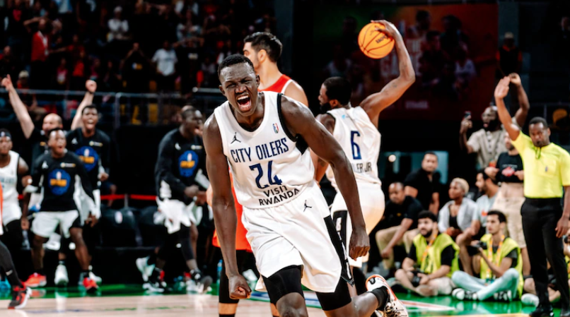Khaman Maluach celebrates while playing for City Oilers during the 2024 Basketball Africa League.