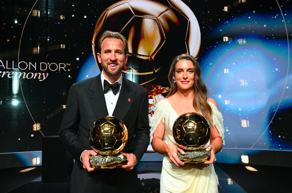 Harry Kane and Alexia Putellas pose with their Ballon d’Or trophies at the 2026 ceremony in London.